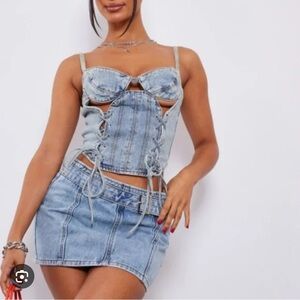 PrettyLittleThing SET Blue Lace-Up Denim Crop Top And Mini Skirt